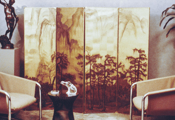An early Asian inspired scenic on gold leaf as a screen. Circa 1979